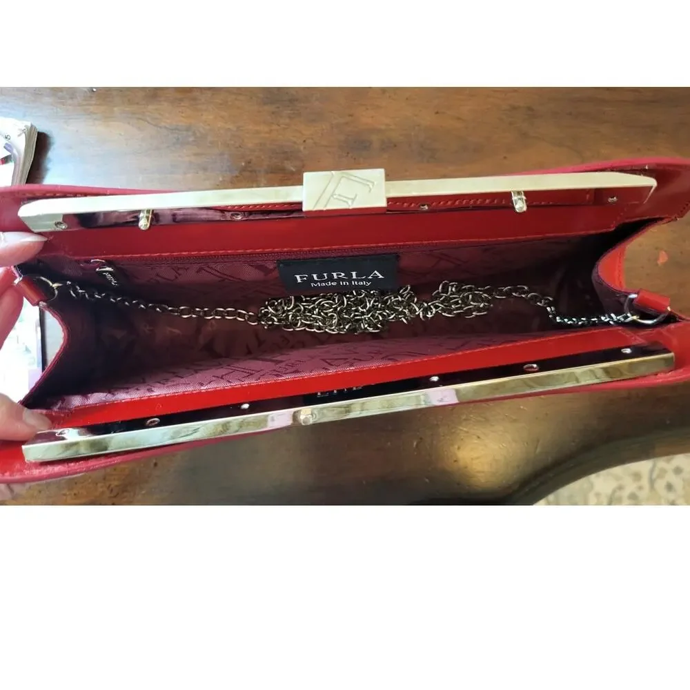 FURLA Red Clutch Luxury Bag with Metal Strap